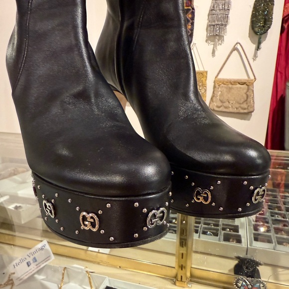 Gucci Janaya Black Leather Silver GG Logo Hourglass Heel Ankle Boots EU40 / US 9 - Picture 9 of 10